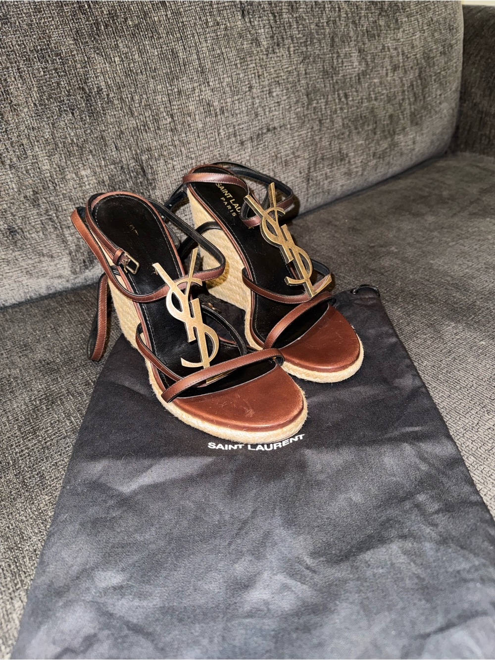 Saint Laurent Brown and Black Leather Espadrille Wedge Sandals with Gold Logo